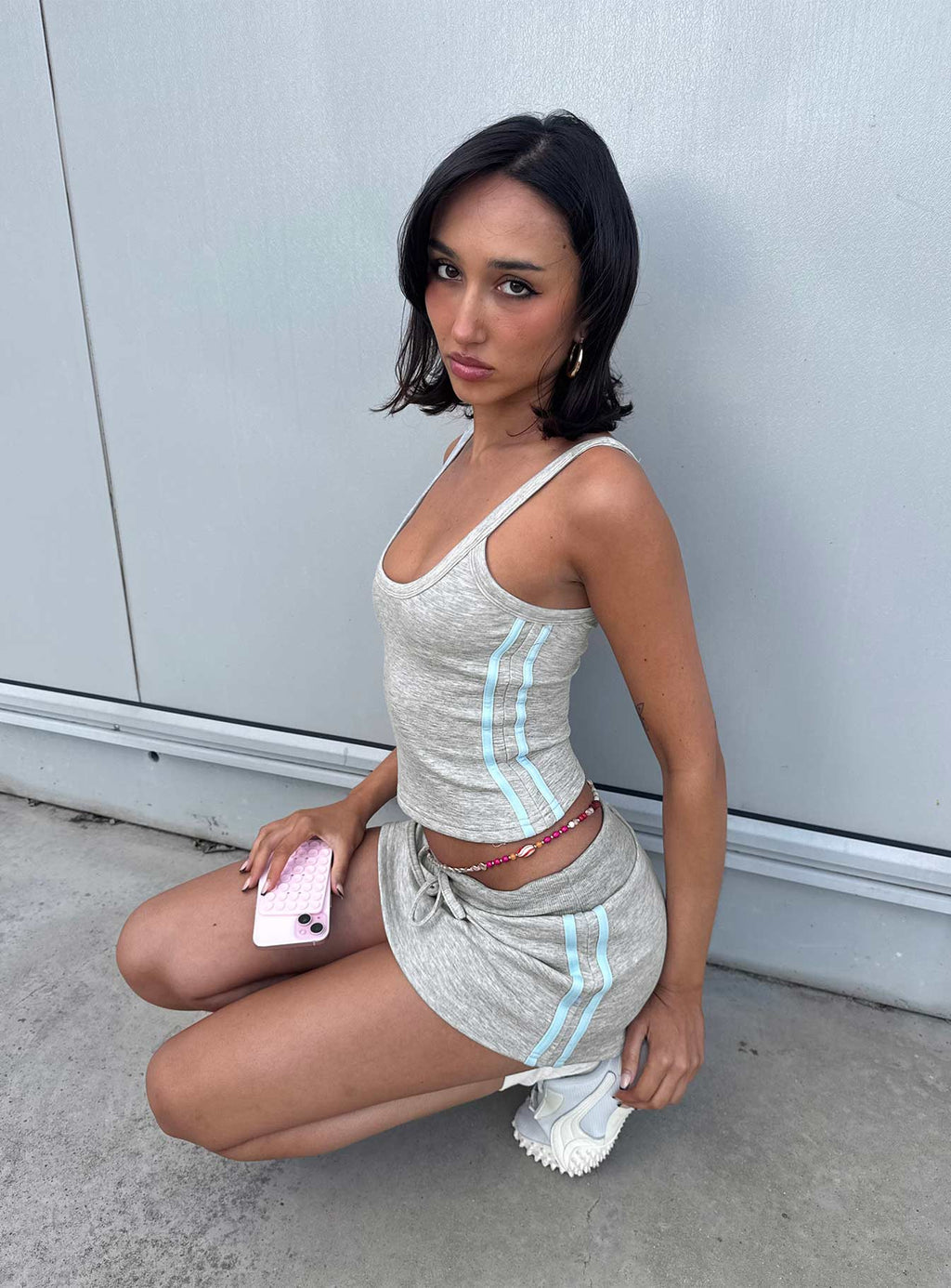 Dynah Tie Waist Tipping Mini Skort Grey Marle / Blue