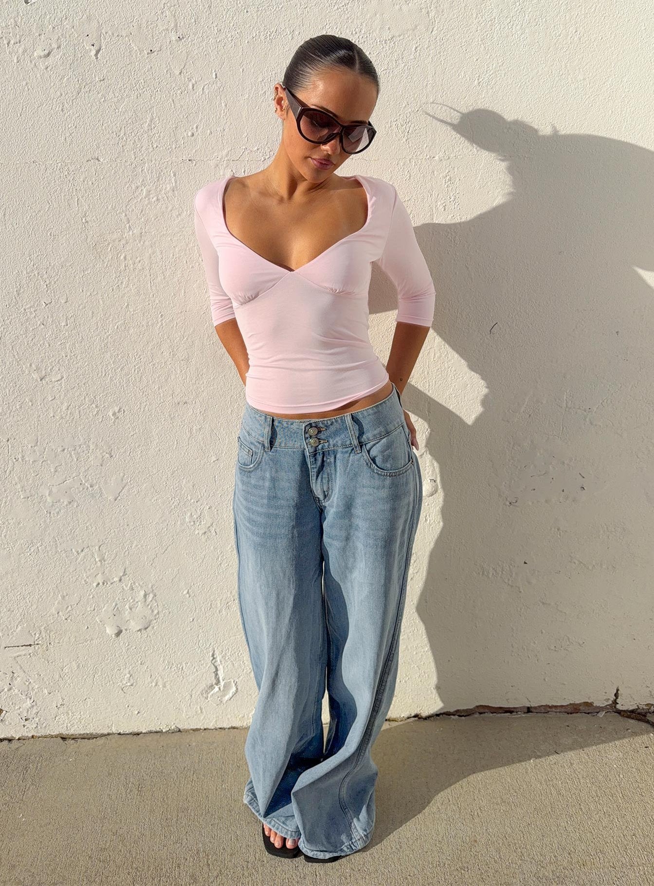 Ramos Low Rise Double Button Wide Leg Jeans Light Vintage Blue