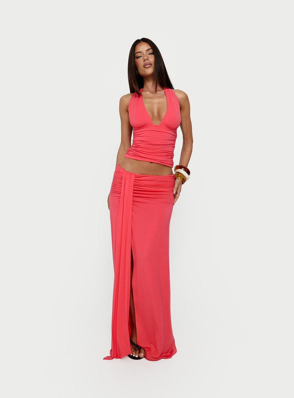 Keerah Ruched Maxi Skirt Guava