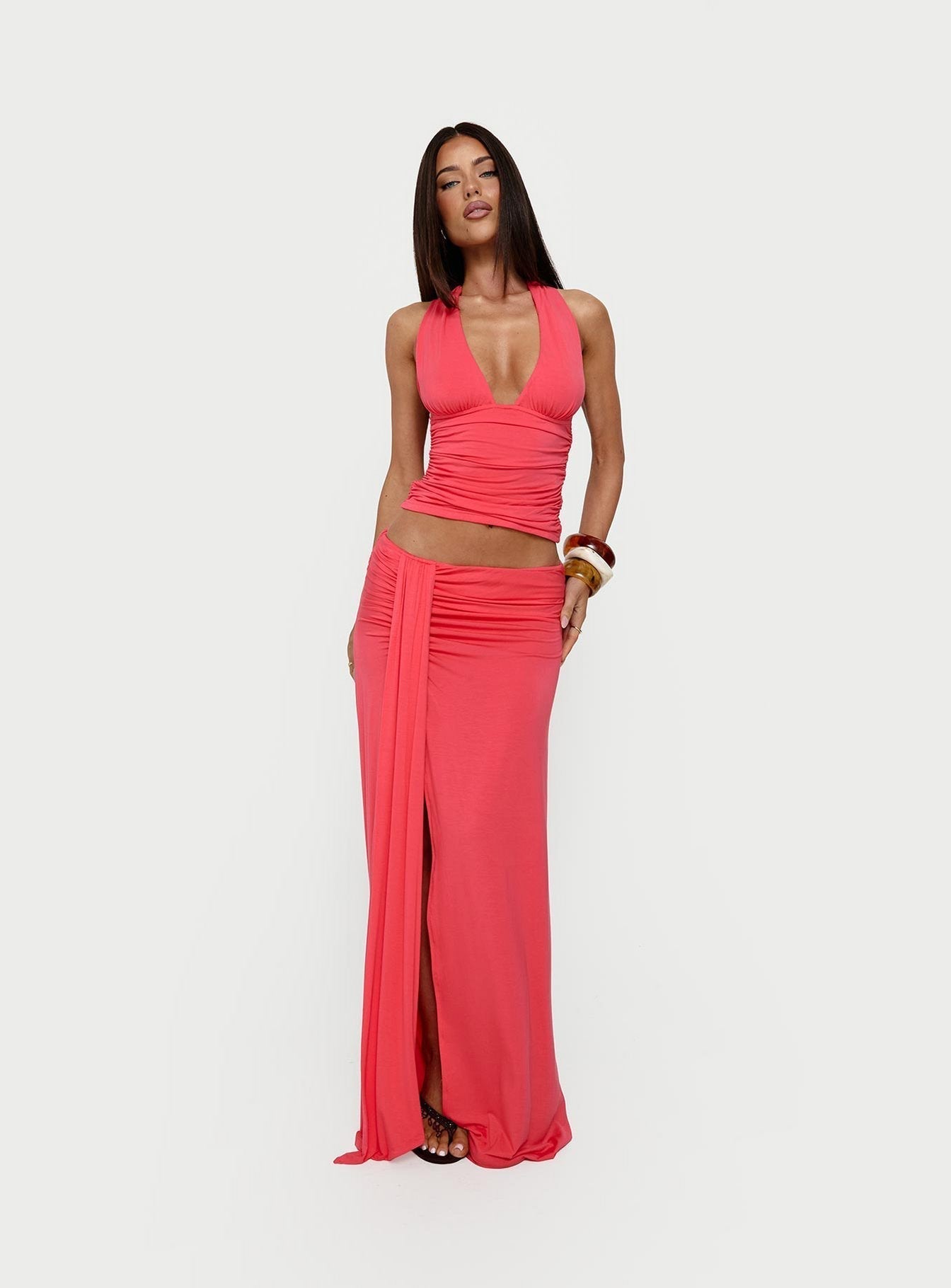 Keerah Ruched Maxi Skirt Guava