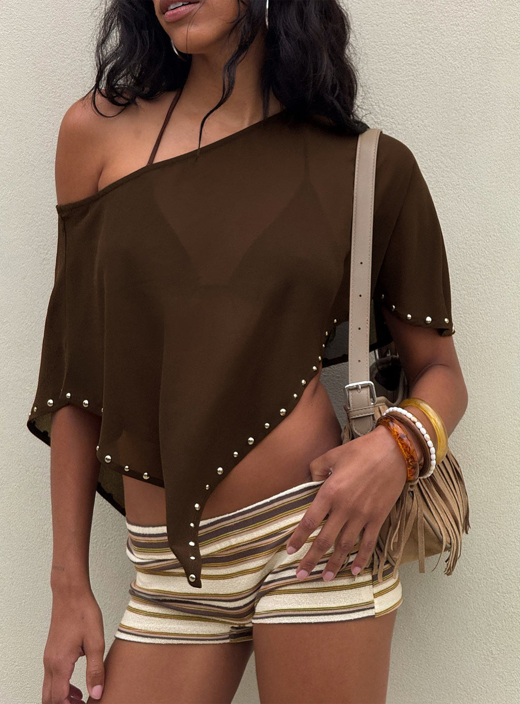 Rubez Terry Towelling Micro Shorts Brown Stripe