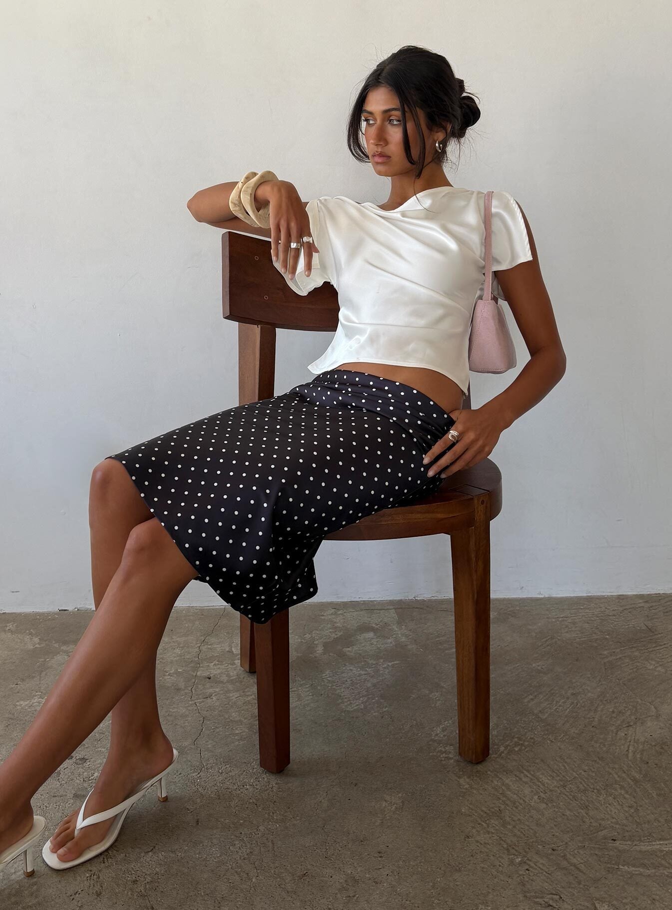 Somani Satin Midi Skirt Black Polka Dot