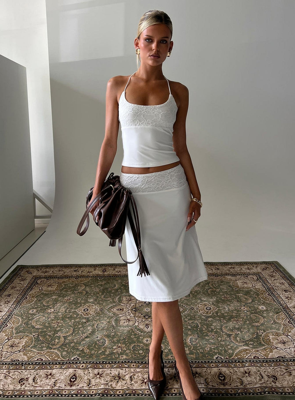 Zenaide Lace Detail Midi Skirt White