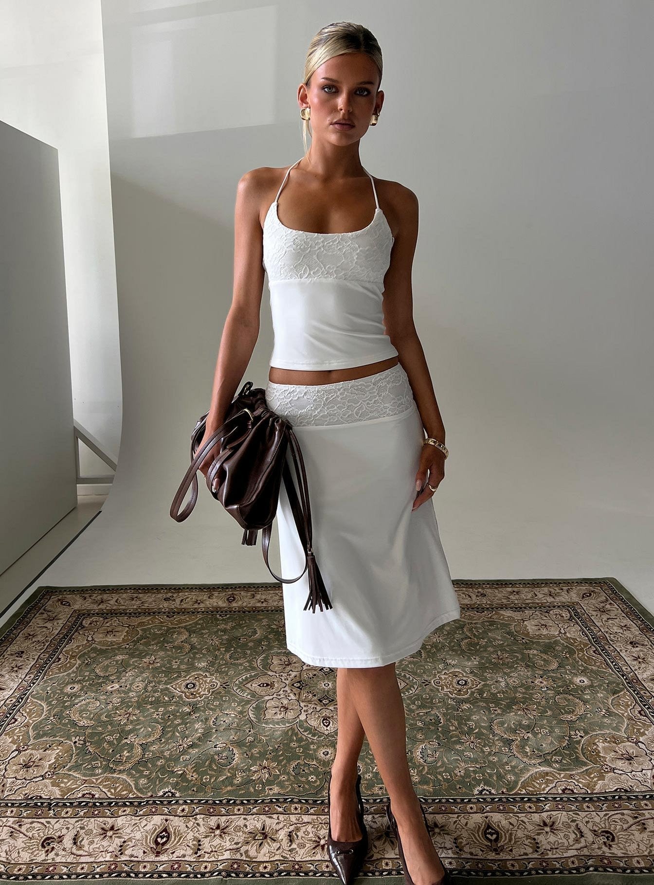 Zenaide Lace Detail Midi Skirt White