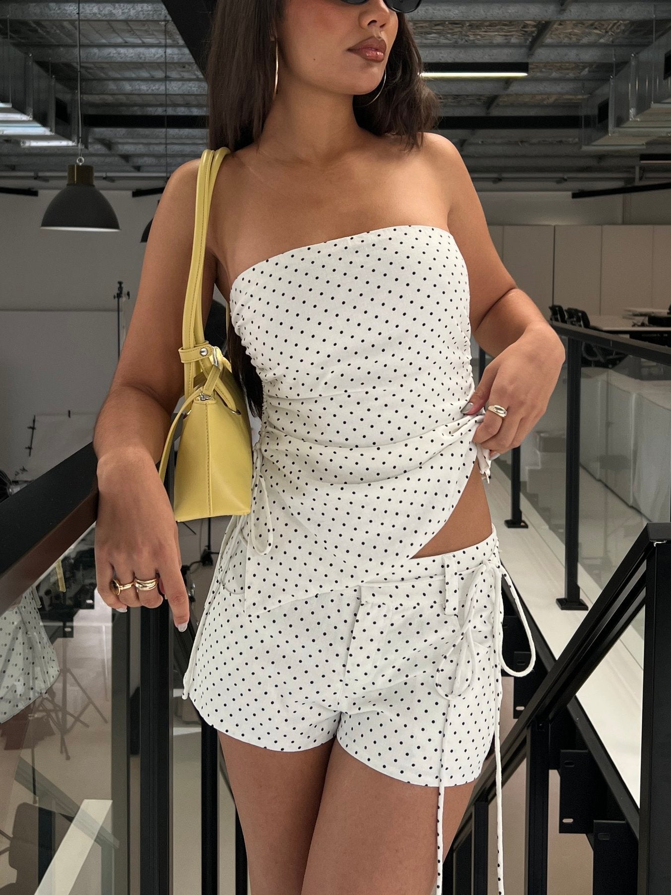 Lylie Linen Blend Tie Side Micro Shorts Cream Polka Dot