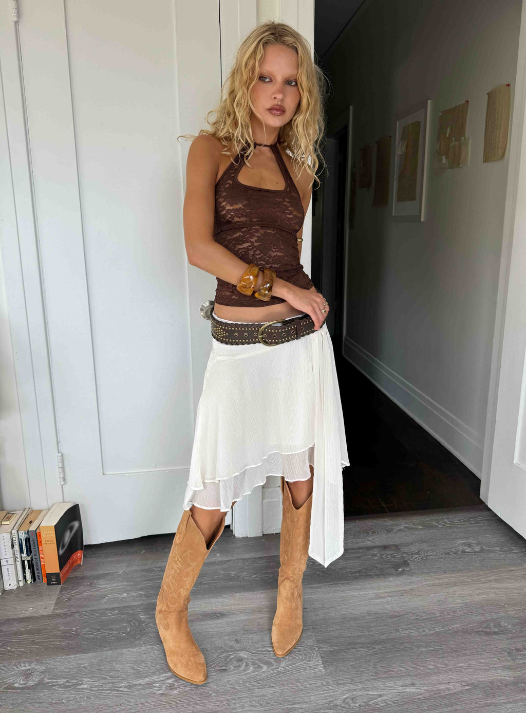 Ophella Tie Waist Chiffon Midi Skirt Cream