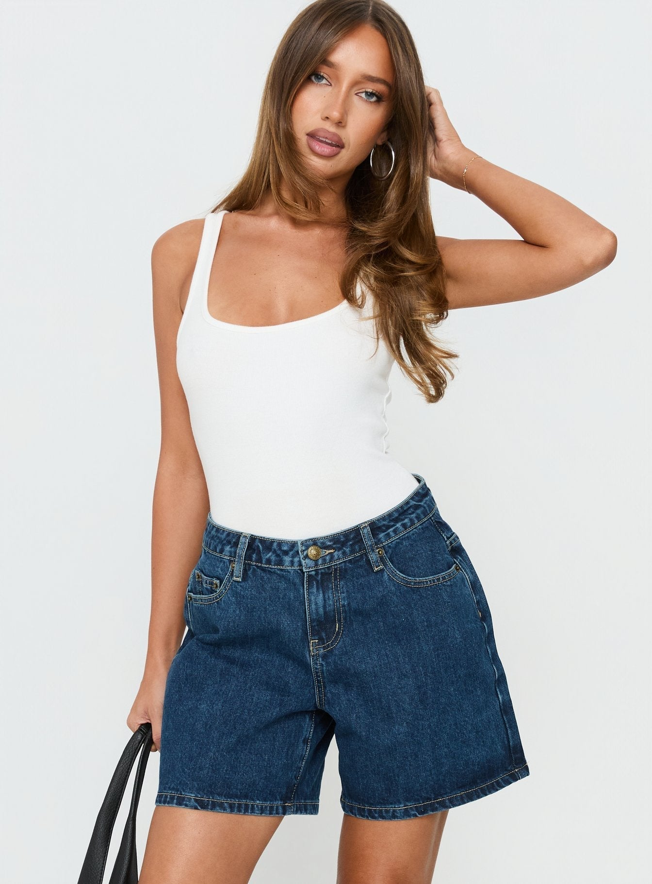 Dreamful Relaxed Longline Denim Shorts Mid Blue Wash