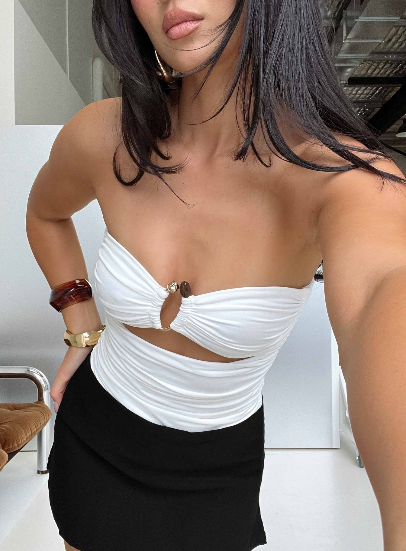 See Me Soon Strapless Hardware Detail Bodysuit White