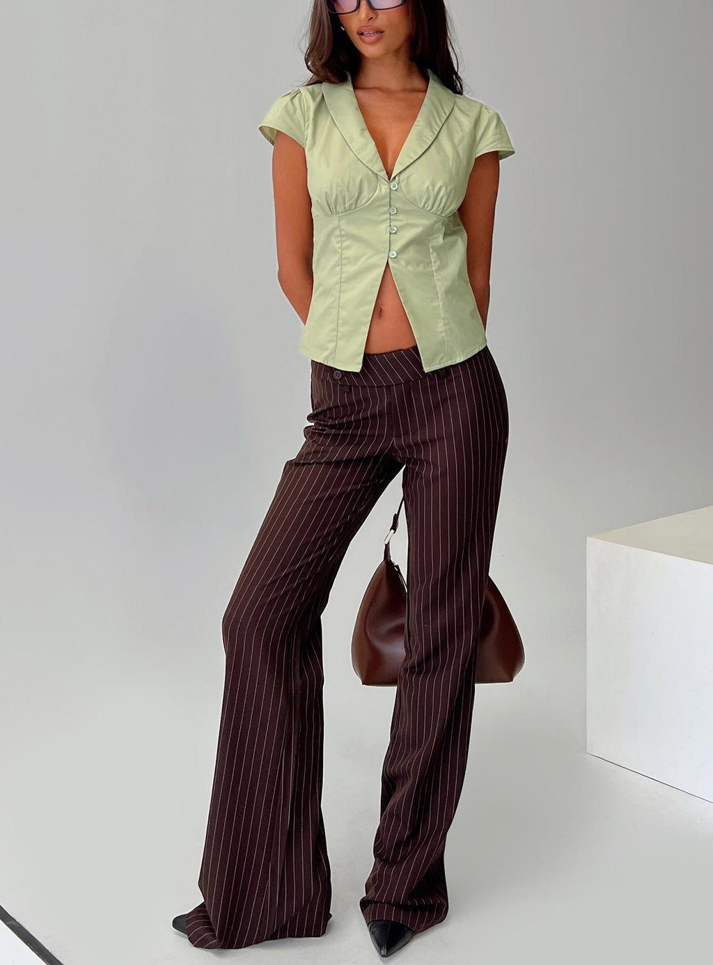 Kinkirk Flared Trousers Brown Pinstripe
