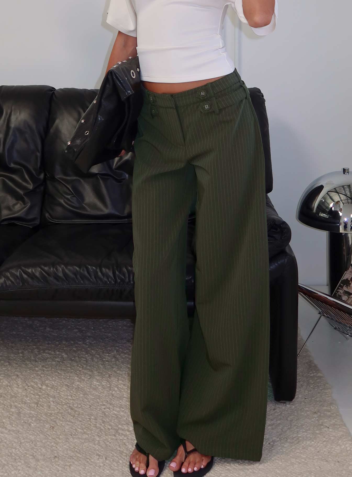 Jette Tailored Buckle Trousers Green Pinstripe