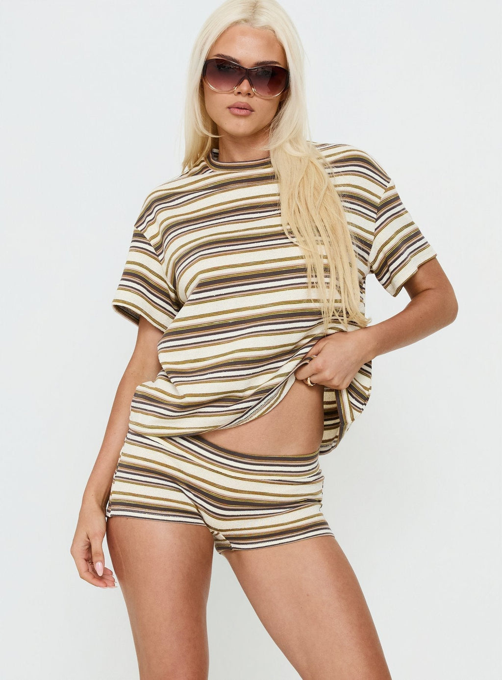 Rubez Terry Towelling Micro Shorts Brown Stripe