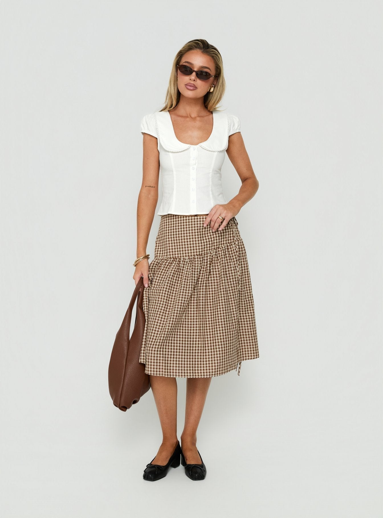 Kasida Tie Detail Midi Skirt Brown Check