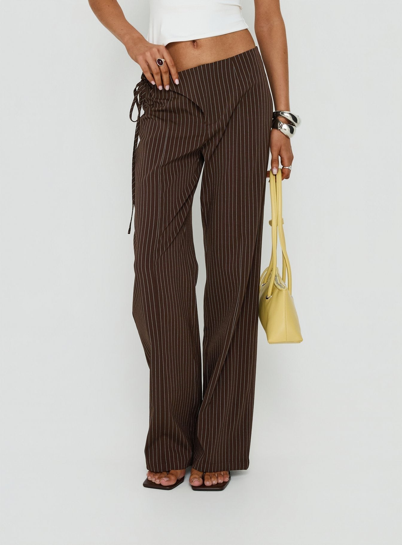 Editta Tie Detail Low Rise Tailored Pants Brown Pinstripe
