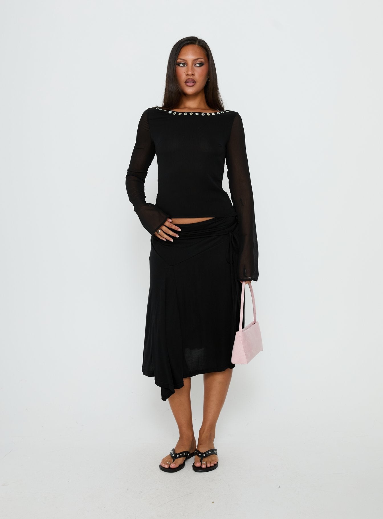 Joaney Tie Side Jersey Midi Skirt Black