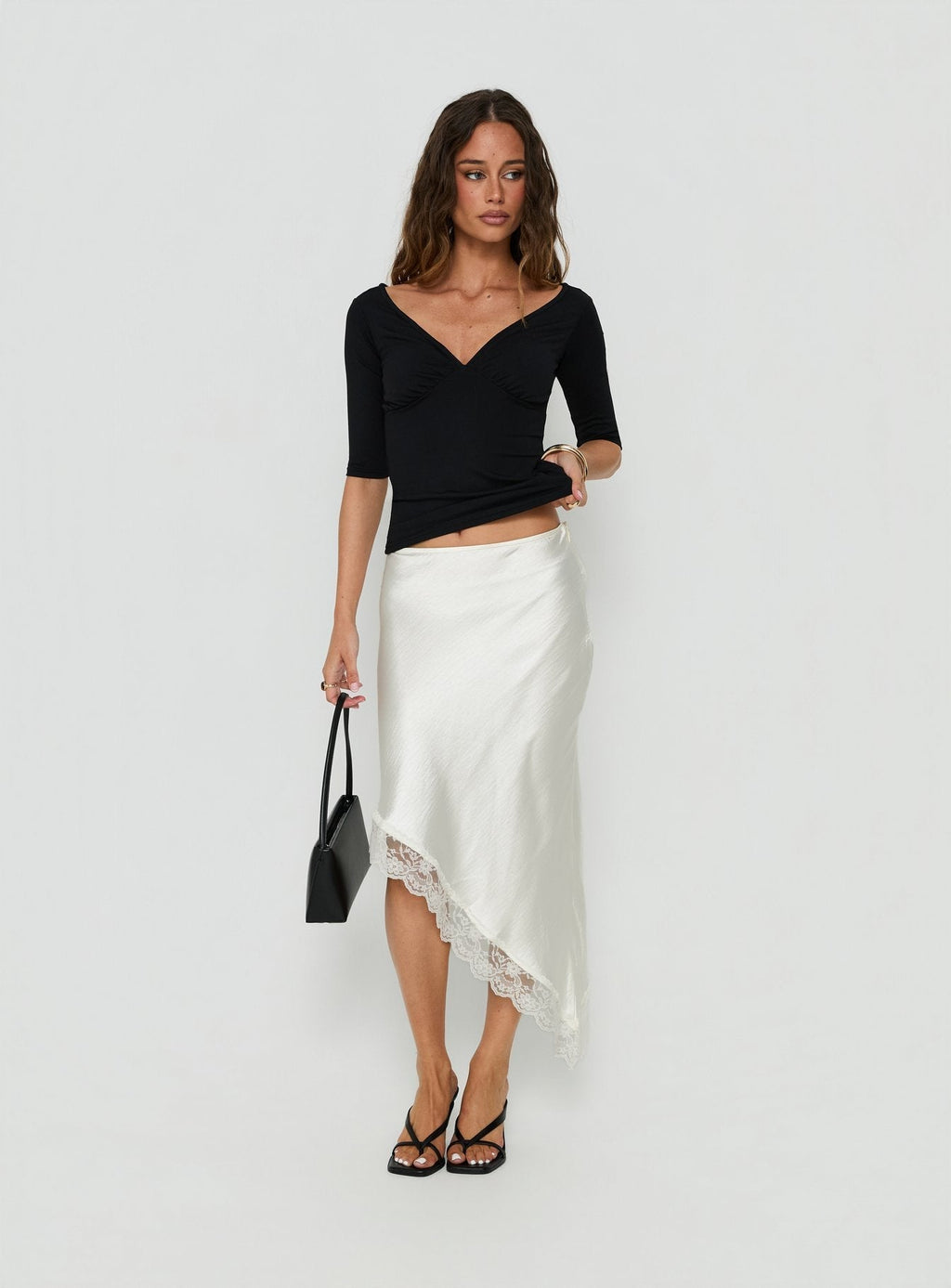 Koletta Asymmetrical Lace Trim Satin Midi Skirt Ivory
