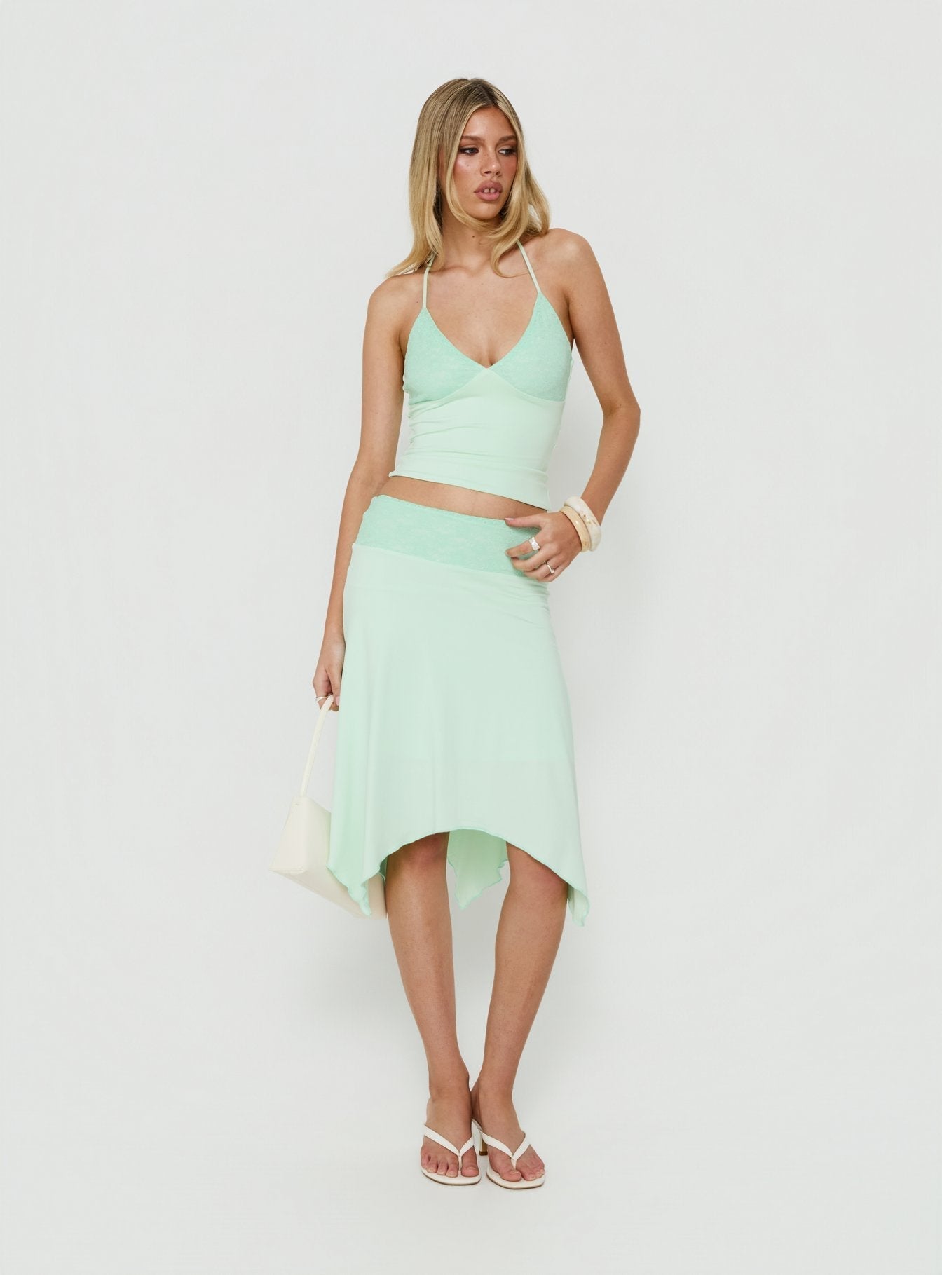 Natabelle Lace Detail Midi Skirt Mint