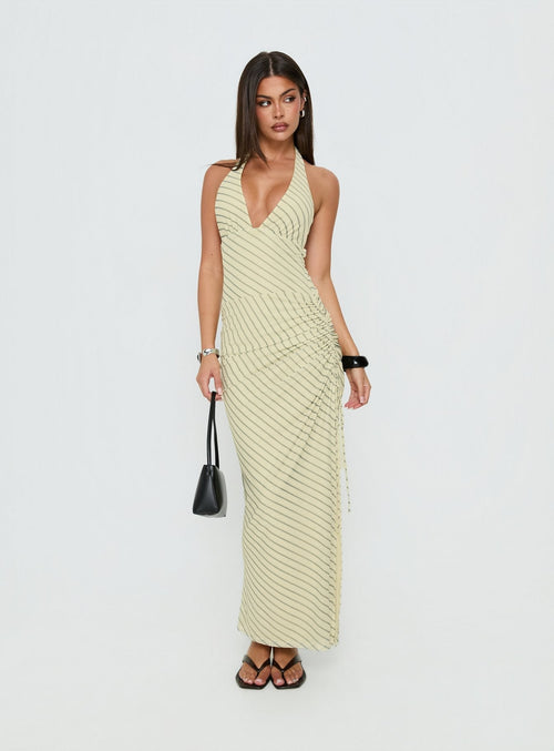Adolena Halter Ruched Maxi Dress Yellow Stripe
