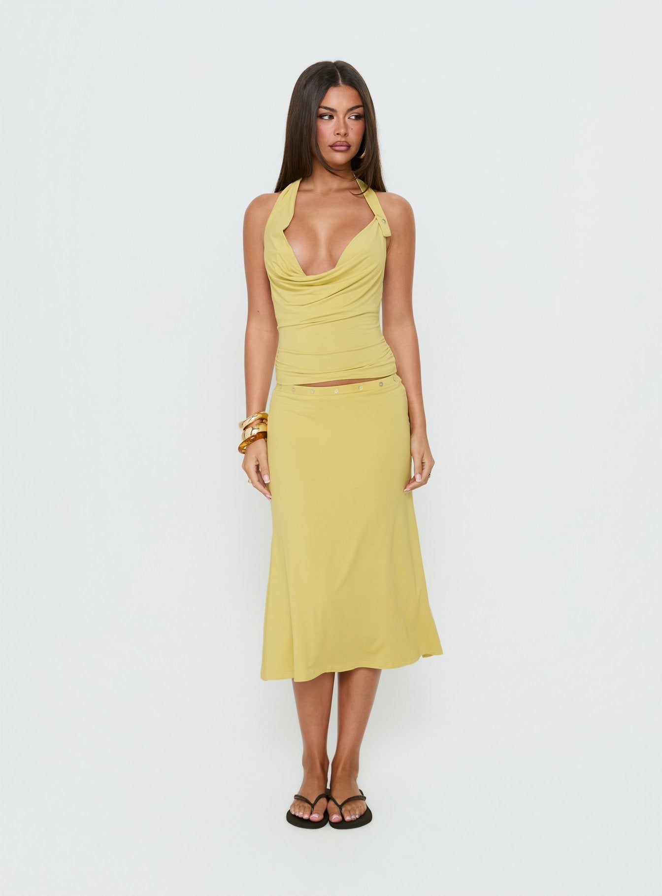 Esperia Button Midi Skirt Green