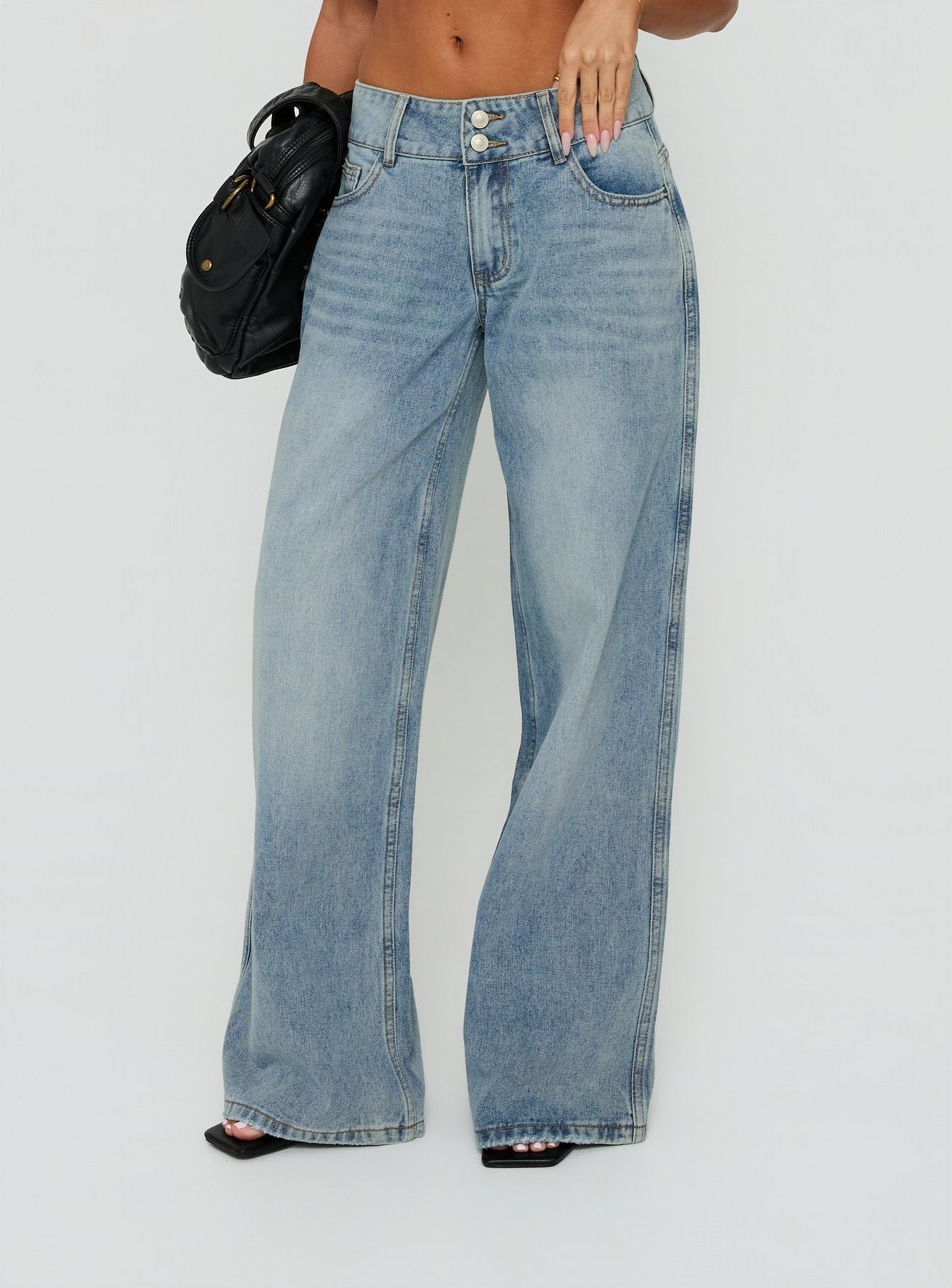 Ramos Low Rise Double Button Wide Leg Jeans Light Vintage Blue