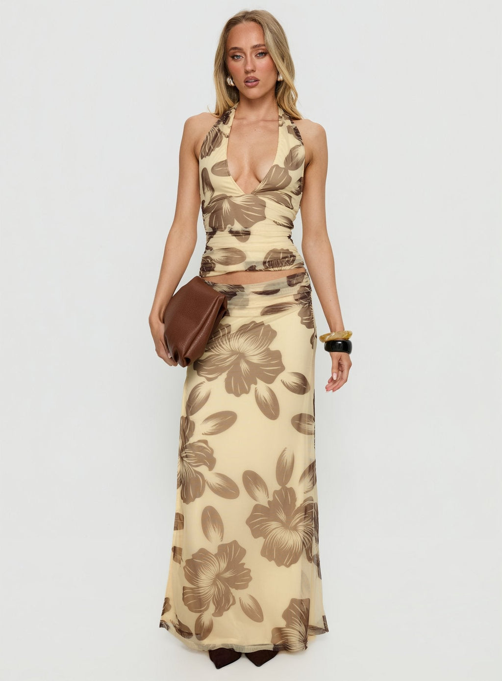Roselin Mesh Maxi Skirt Brown Floral