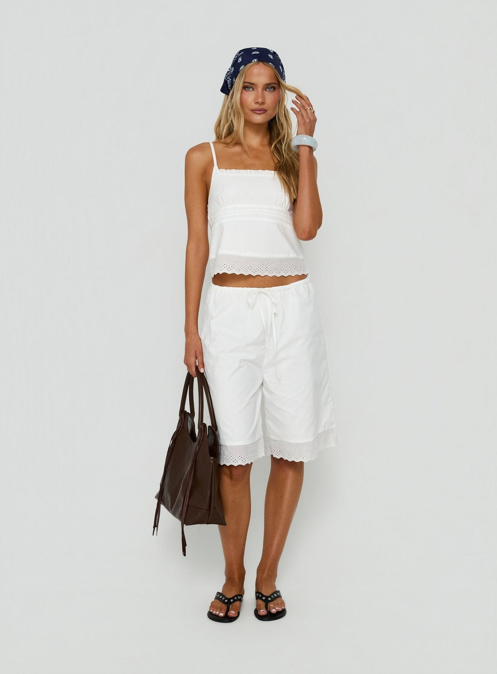 Sakai Broderie Detail Longline Shorts White