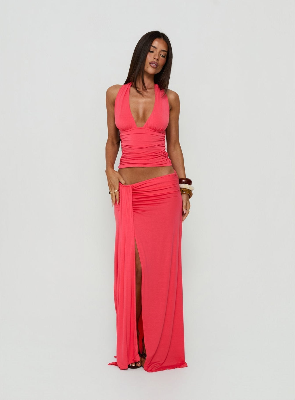 Keerah Ruched Maxi Skirt Guava
