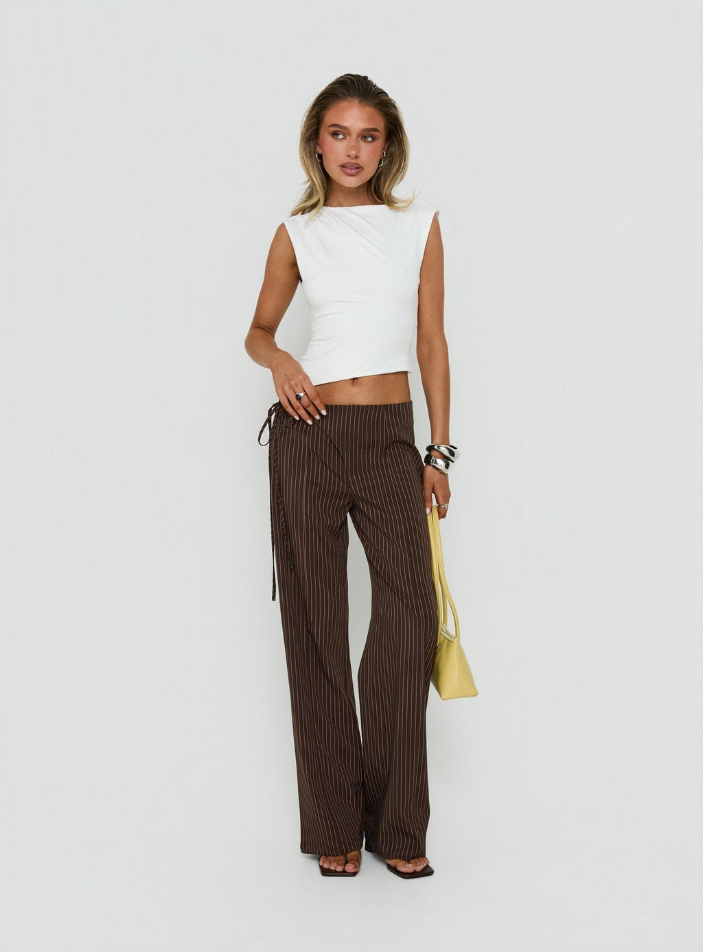 Editta Tie Detail Low Rise Tailored Pants Brown Pinstripe