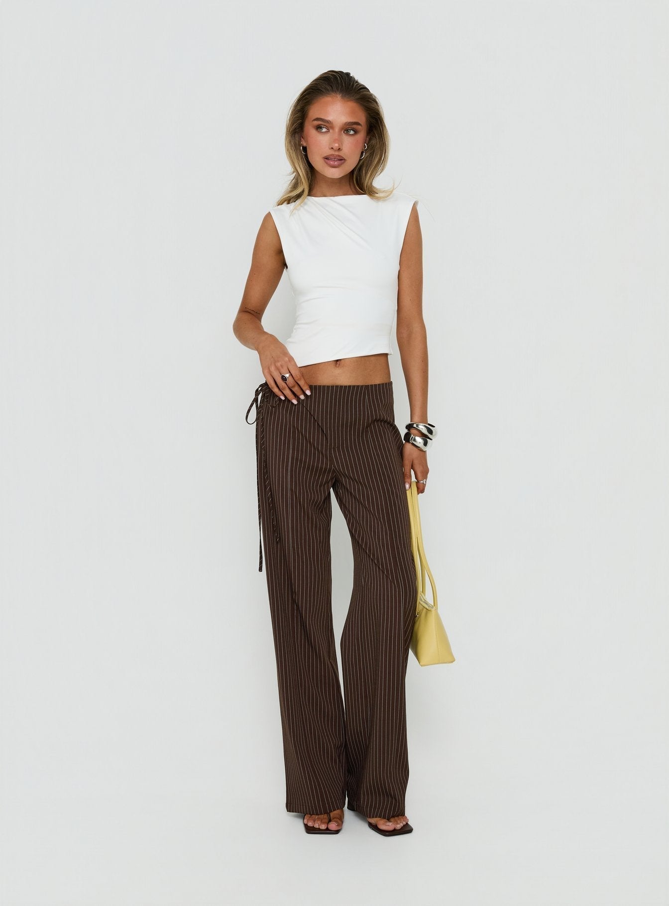 Editta Tie Detail Low Rise Tailored Pants Brown Pinstripe
