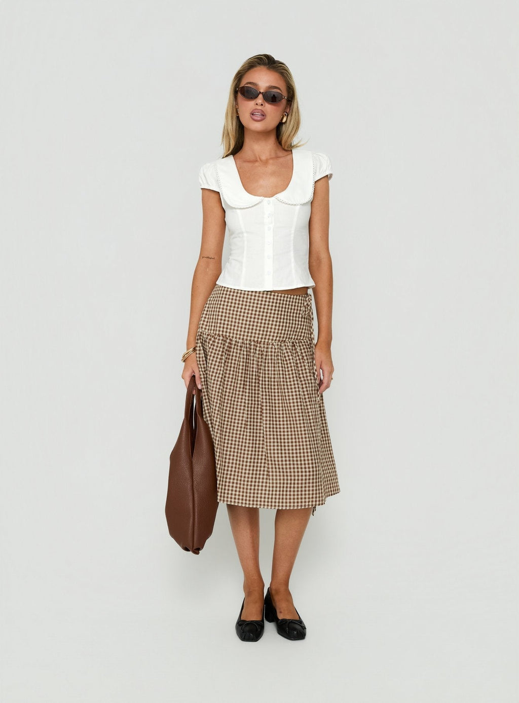 Kasida Tie Detail Midi Skirt Brown Check