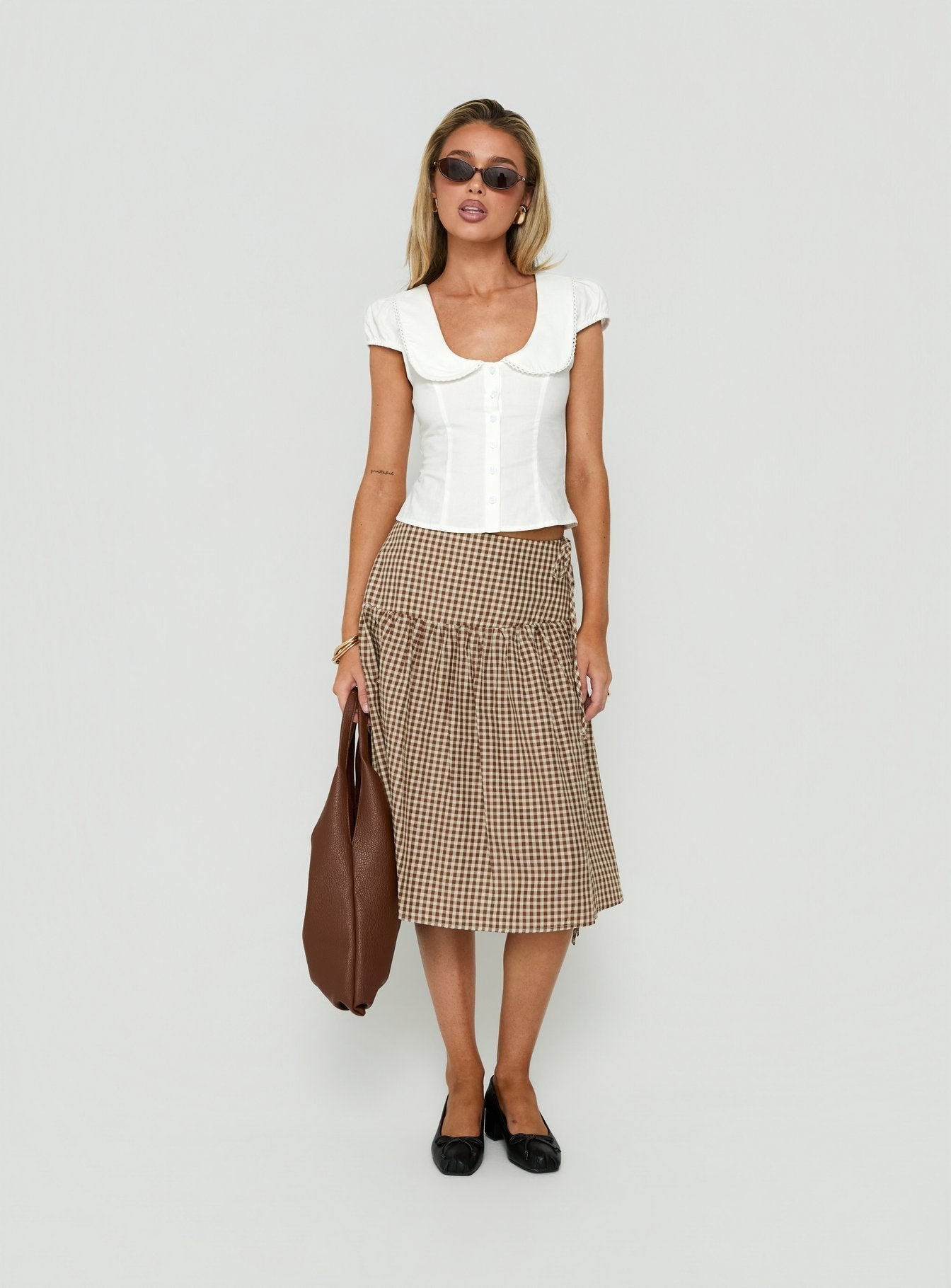 Kasida Tie Detail Midi Skirt Brown Check