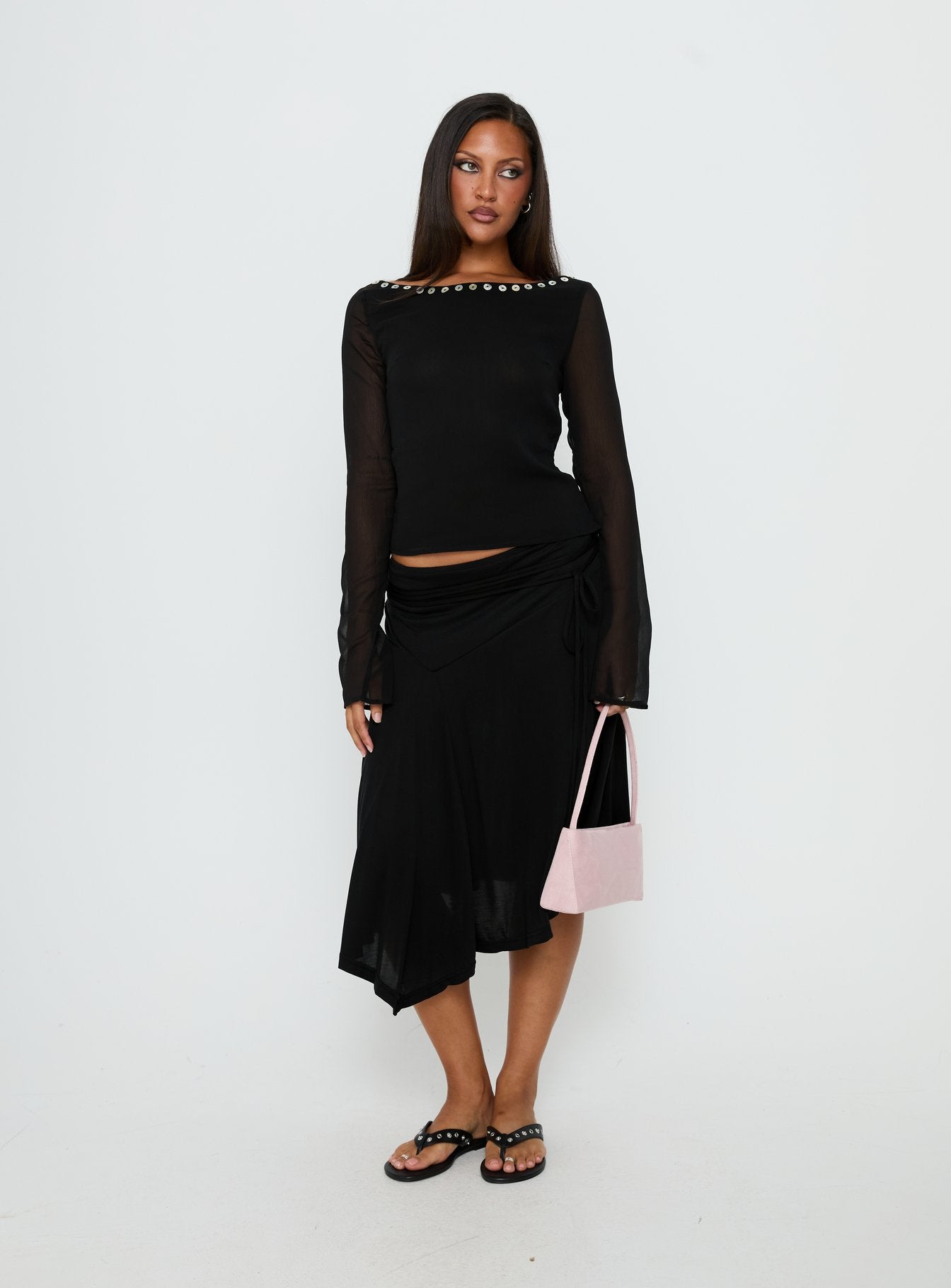 Joaney Tie Side Jersey Midi Skirt Black