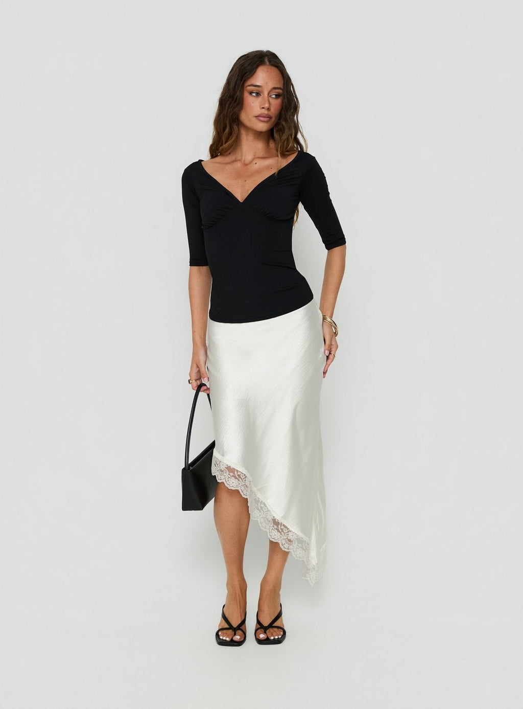 Koletta Asymmetrical Lace Trim Satin Midi Skirt Ivory