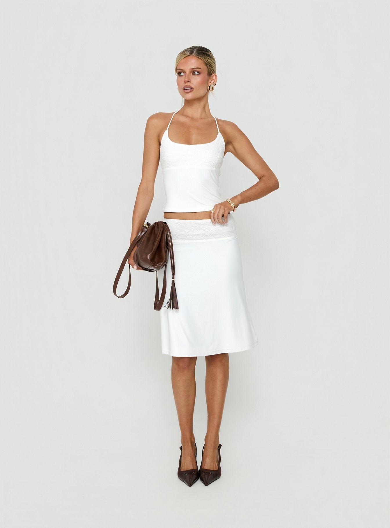 Zenaide Lace Detail Midi Skirt White