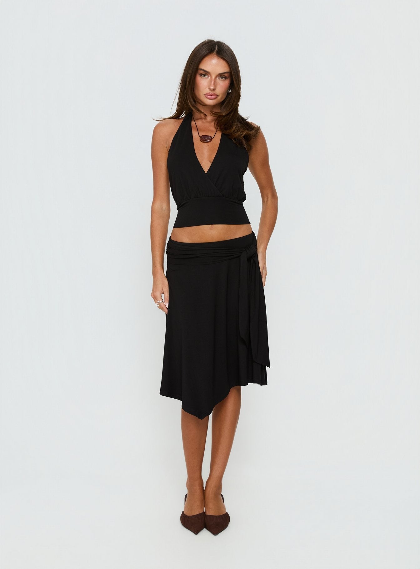 Soft Focus Tie Waist Midi Skirt Black