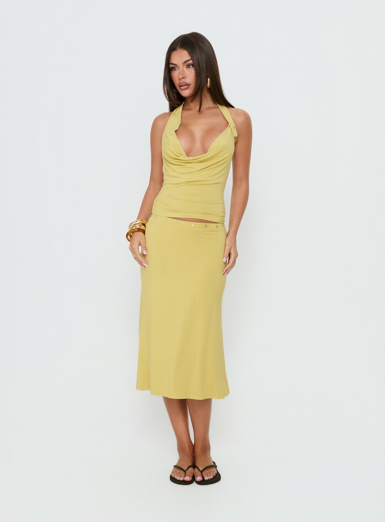 Esperia Button Midi Skirt Green
