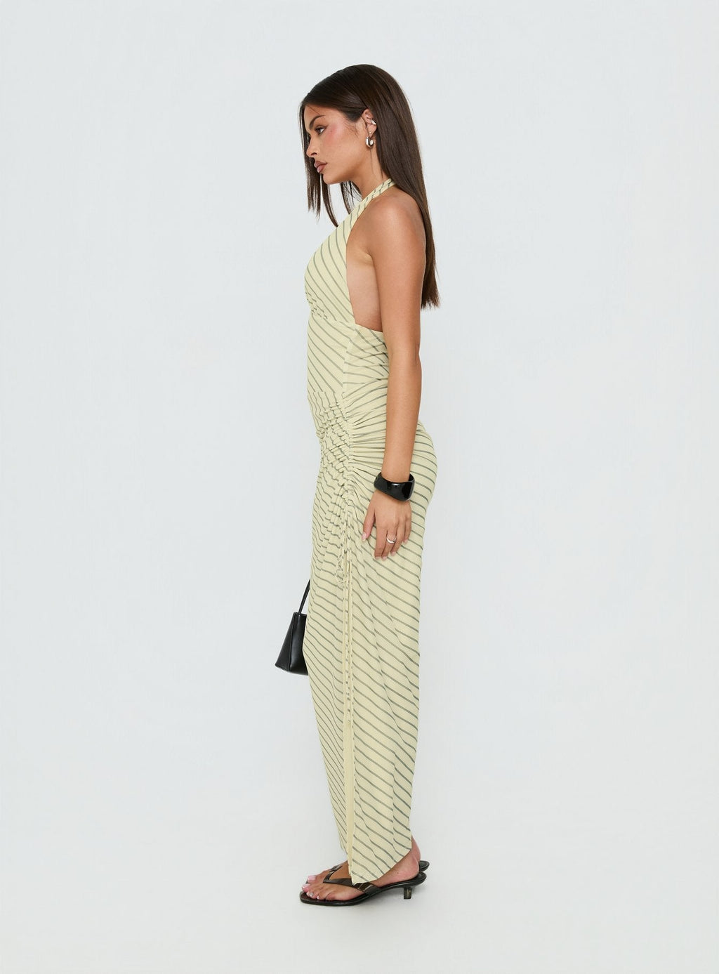 Adolena Halter Ruched Maxi Dress Yellow Stripe