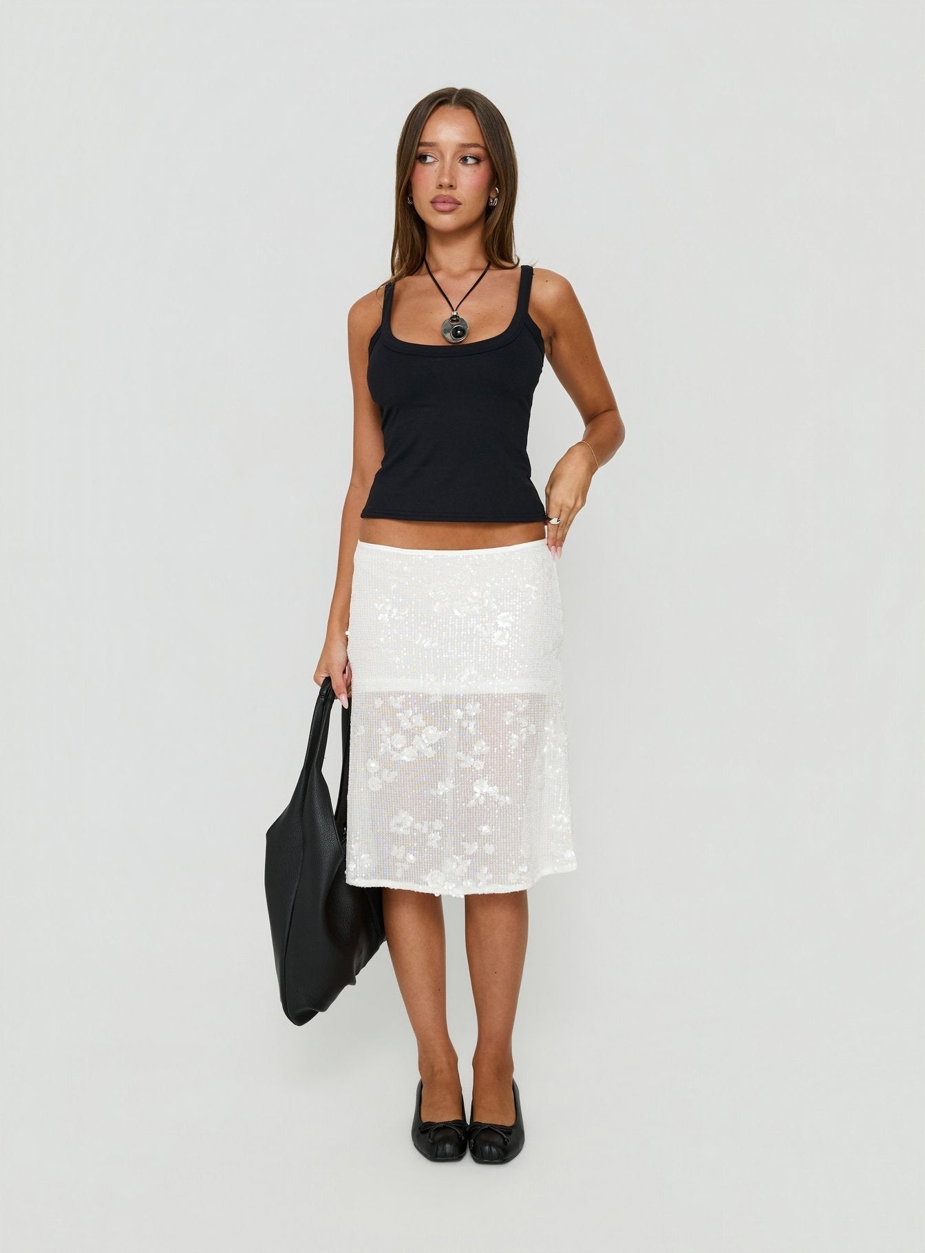 Heart Stealer Sheer Sequin Midi Skirt White