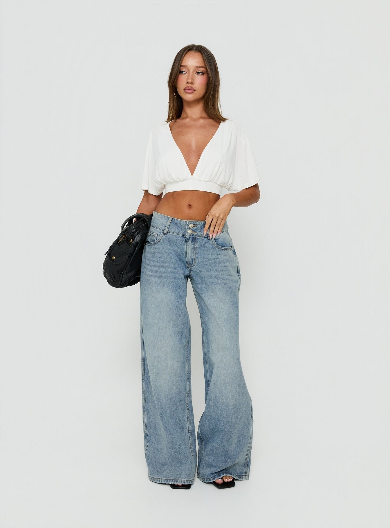 Ramos Low Rise Double Button Wide Leg Jeans Light Vintage Blue