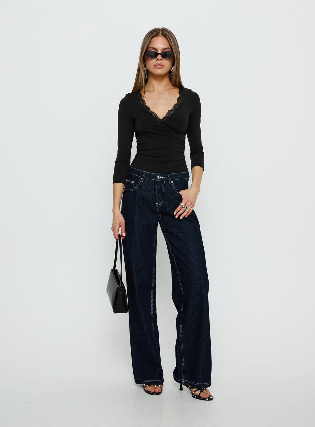 Lyselle Wrap Detail 3/4 Sleeve Bodysuit Black