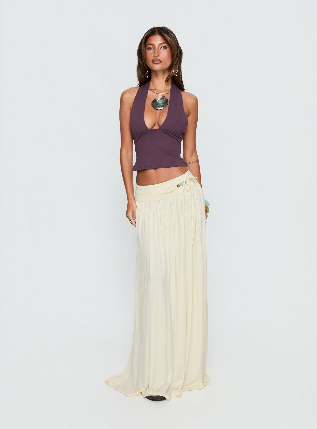 Velvet Storm Tie Detail Flowy Maxi Skirt Cream