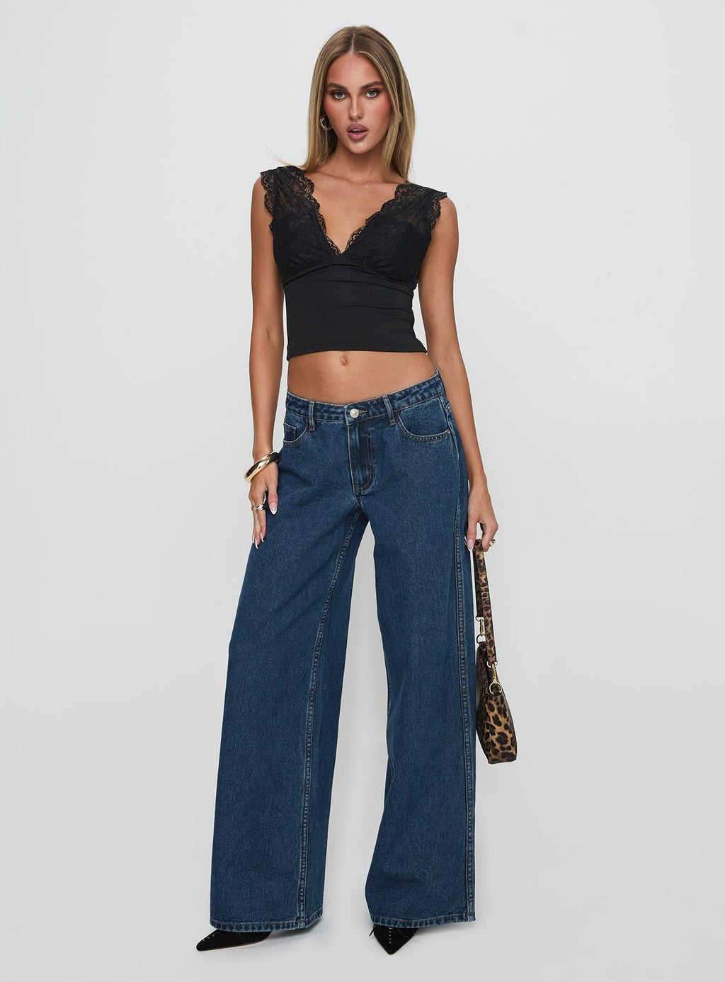 Ramos Low Rise Wide Leg Denim Jeans Dark Blue Wash