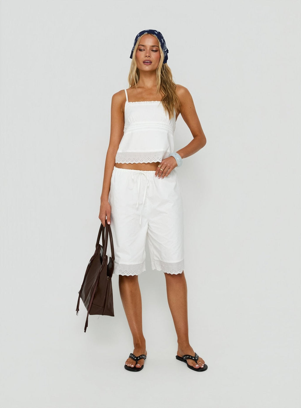 Sakai Broderie Detail Longline Shorts White