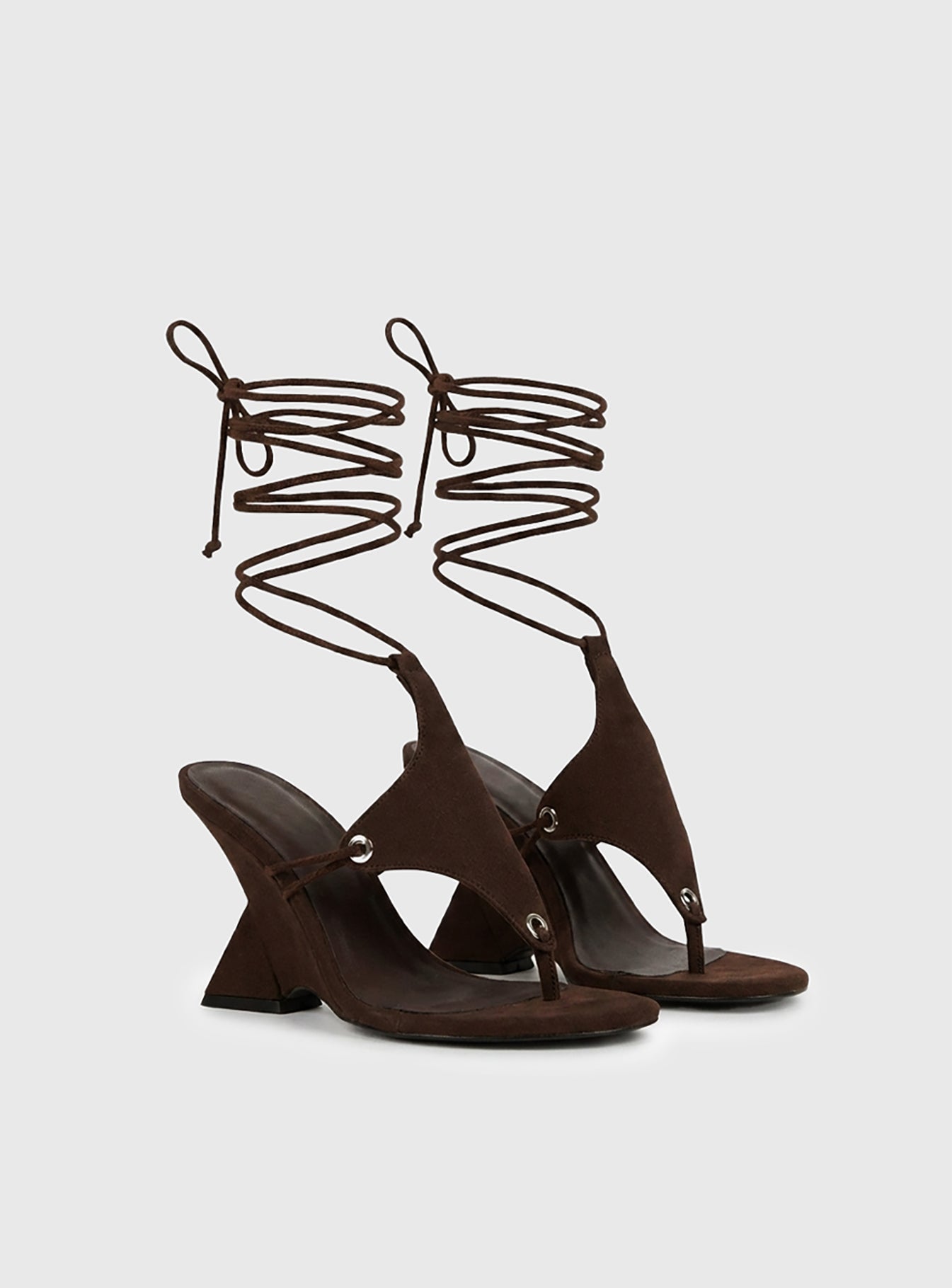 Diamond Court Lace Up Faux Suede Heels Brown