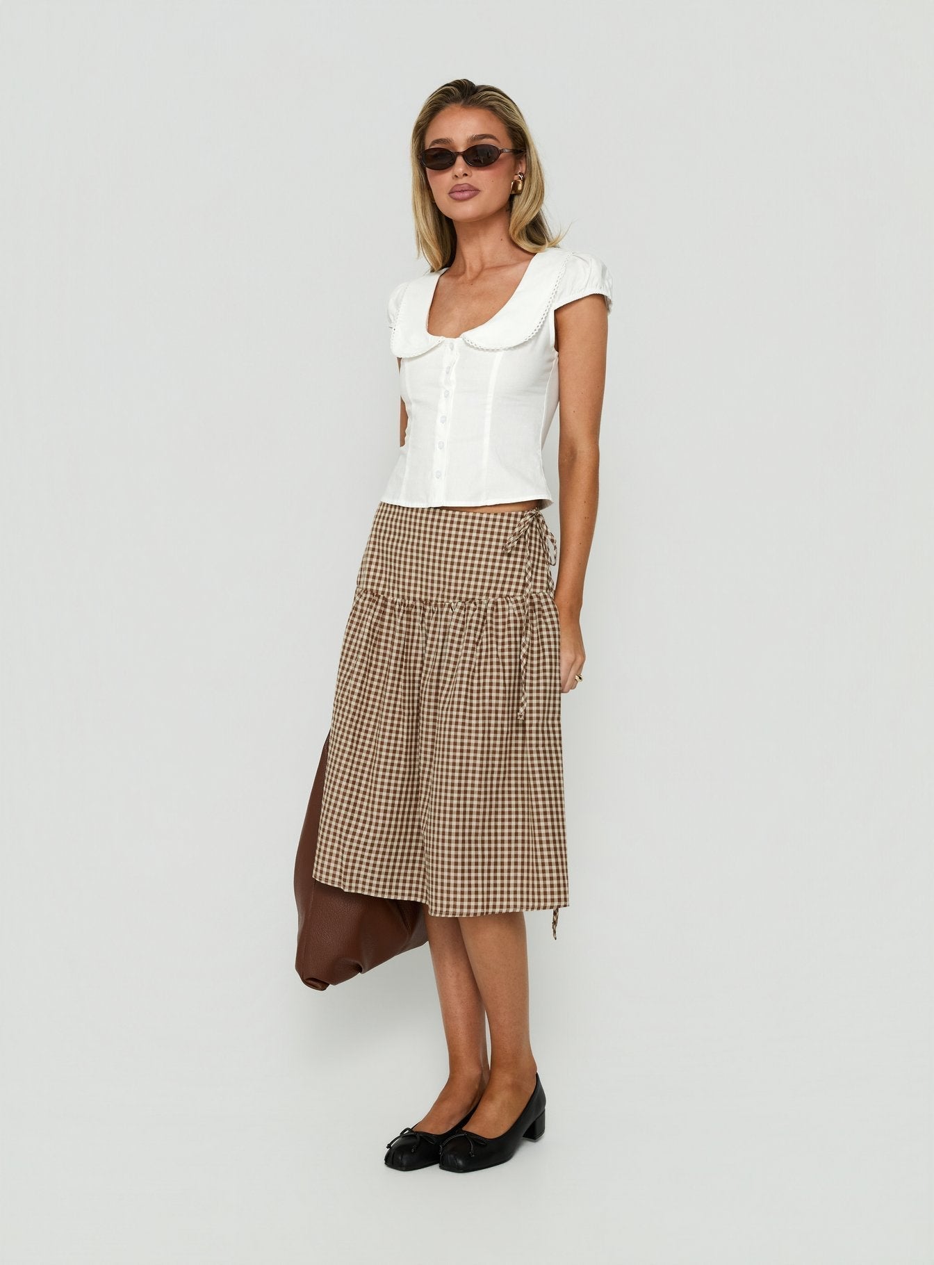 Kasida Tie Detail Midi Skirt Brown Check