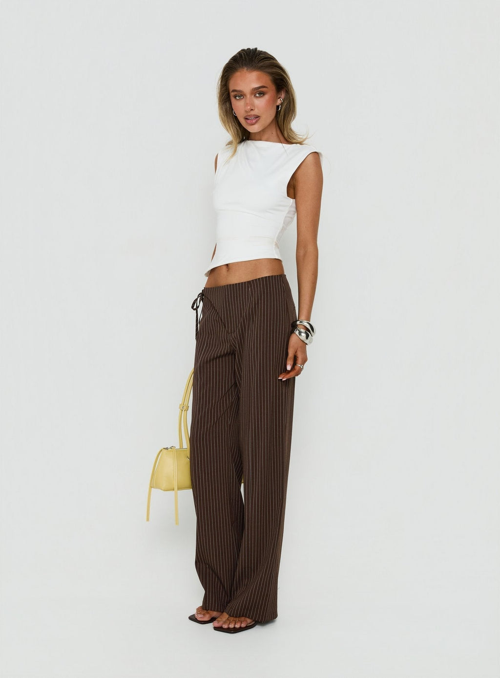 Editta Tie Detail Low Rise Tailored Pants Brown Pinstripe