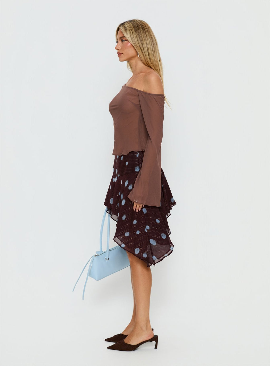 Hevenna Asymmetrical Chiffon Mini Skirt Brown / Blue Polka