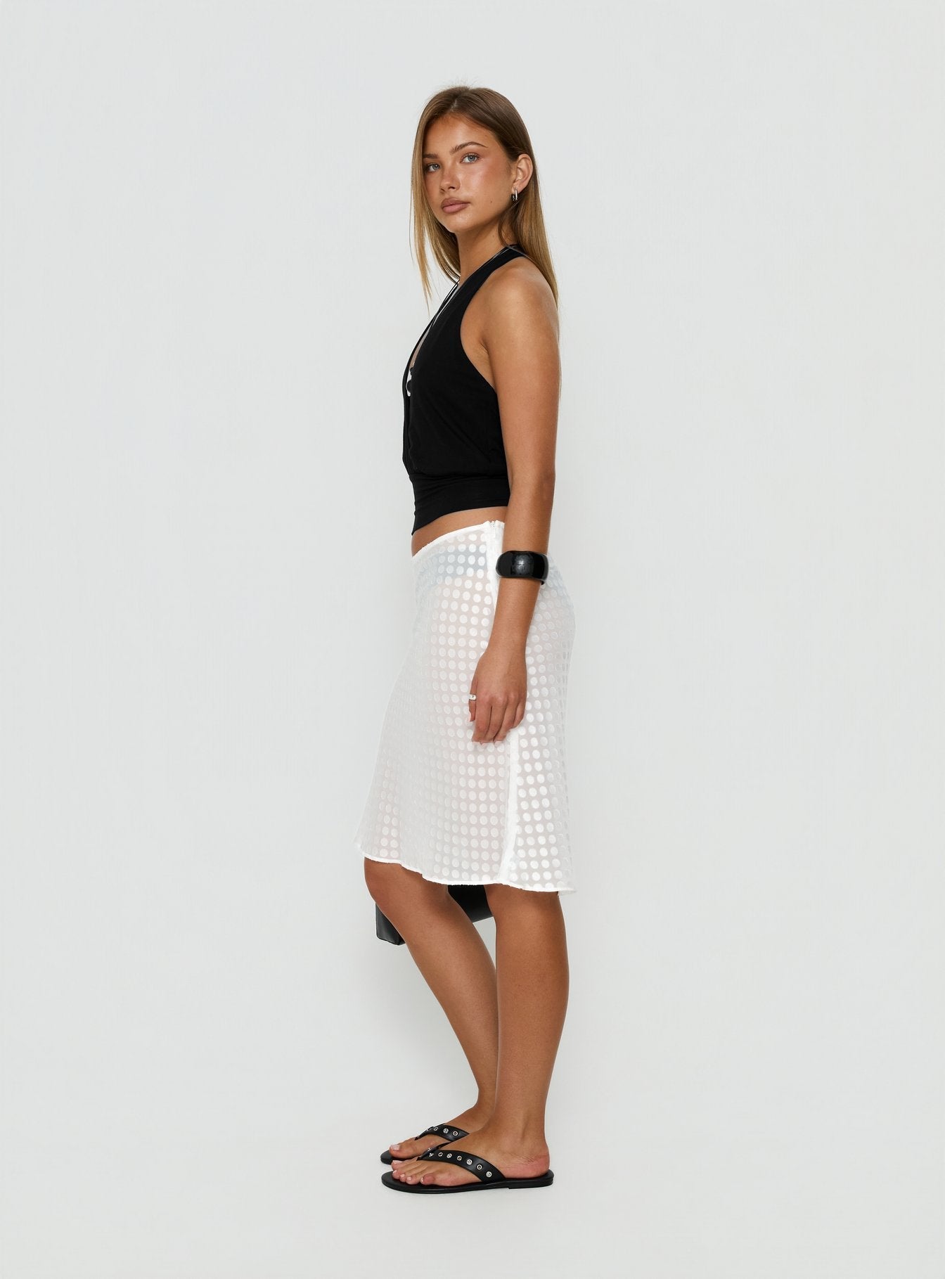 Evangela Sheer Midi Skirt White Polka Dot