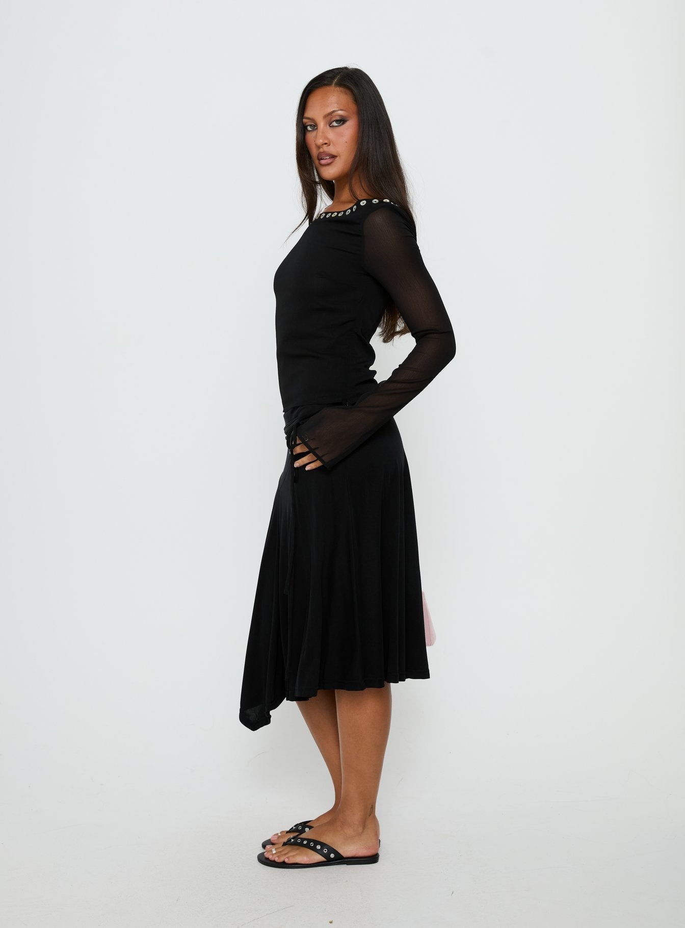 Joaney Tie Side Jersey Midi Skirt Black