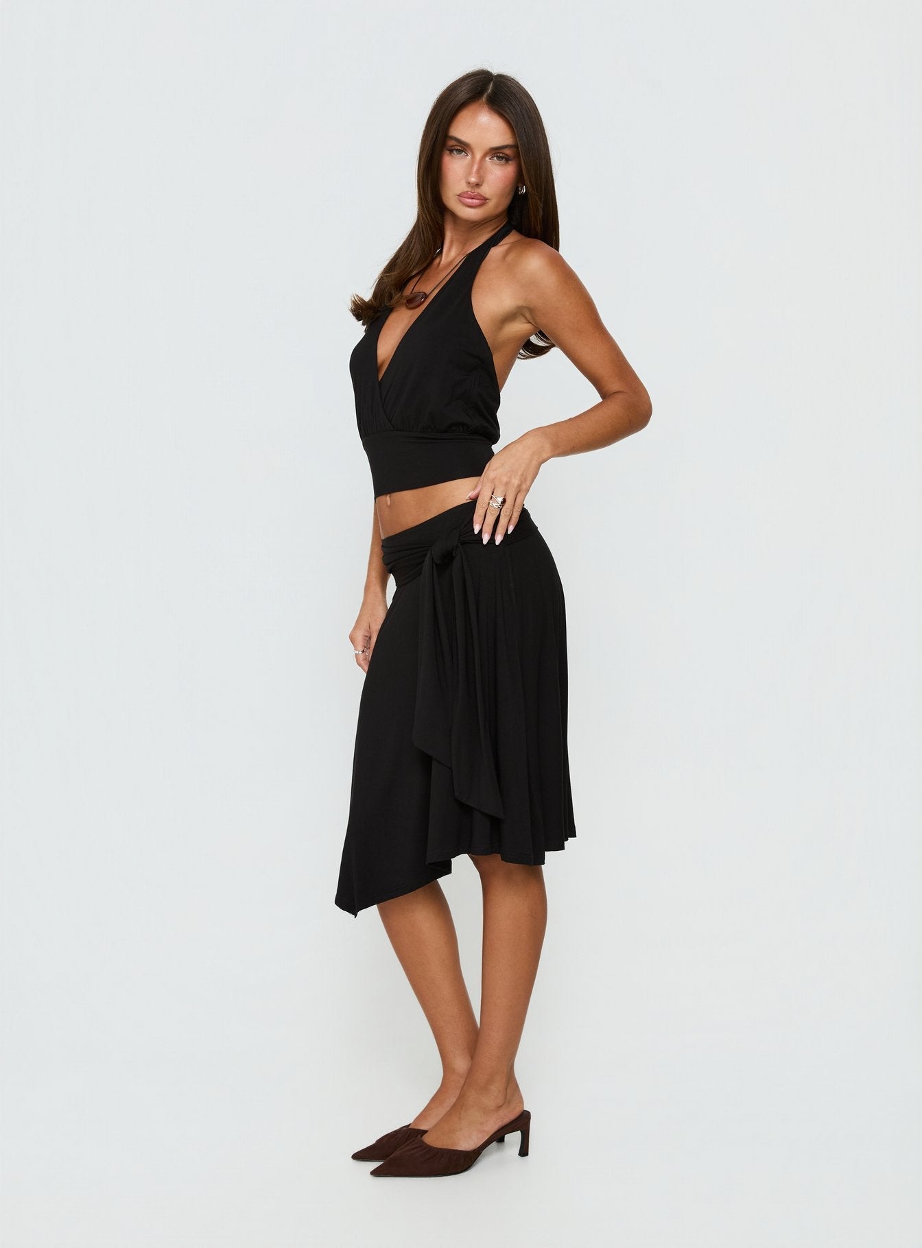 Soft Focus Tie Waist Midi Skirt Black