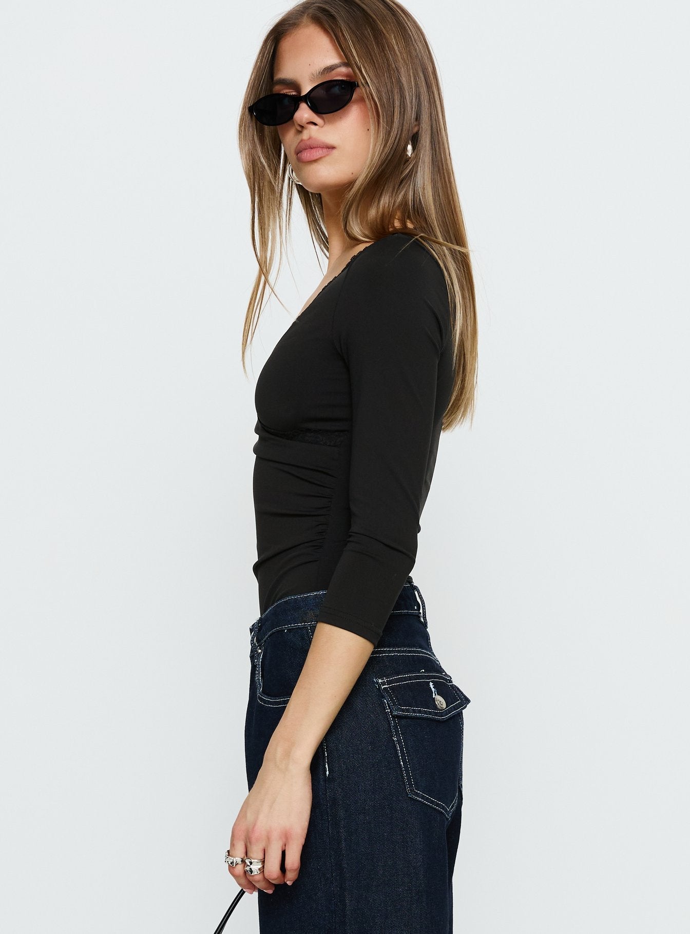Lyselle Wrap Detail 3/4 Sleeve Bodysuit Black